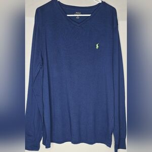 Polo Ralph Lauren Long Sleeve Blue/Lime Green Horse V-Neck Men's Large T-Shirt
